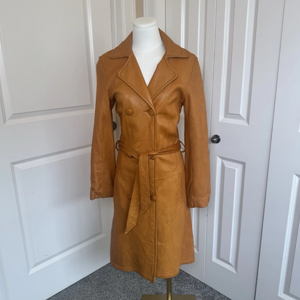 Vtg 1970s Beckmans Eversoft Buttoned Brown/Orange Buckskin Leather Trenchcoat Sm